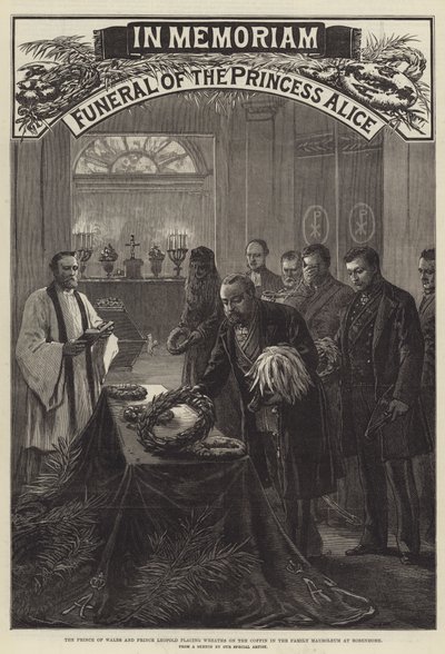 Begravelse af prinsesse Alice, prinsen af Wales og prins Leopold, der placerer kranse på kisten i familiemausoleet ved Rosenhohe (gravering) af English School