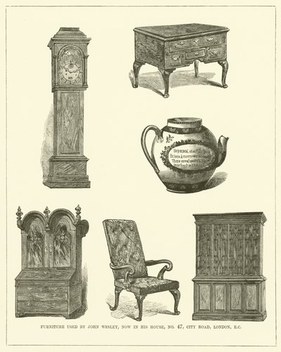 Møbler brugt af John Wesley, nu i hans hus, No 47, City Road, London, EC (gravering) af English School
