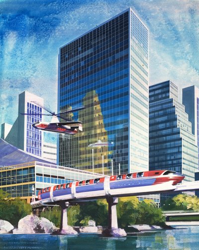 Futuristisk monorail og helikopter af English School