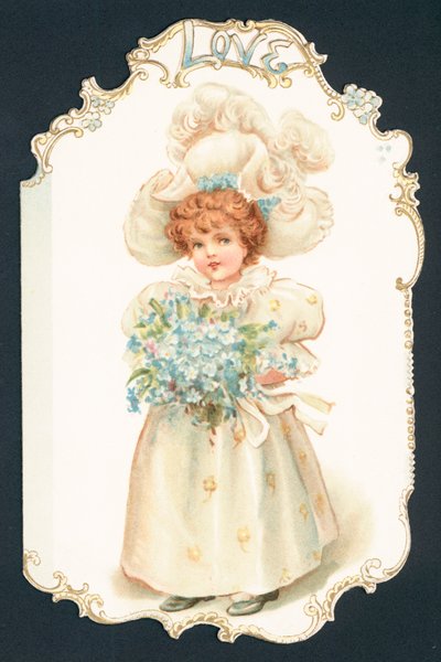 Pige, der holder bundt med blomster, julekort af English School