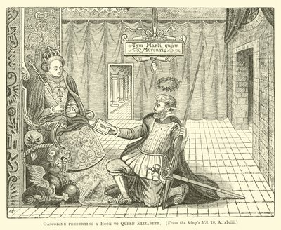 Gascoigne überreicht Königin Elizabeth ein Buch von English School