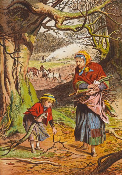 Samler brænde (farvelitografi) af English School