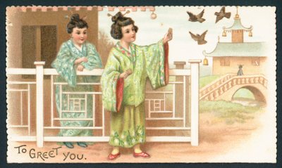 Geisha-piger fodrer fugle, julekort af English School