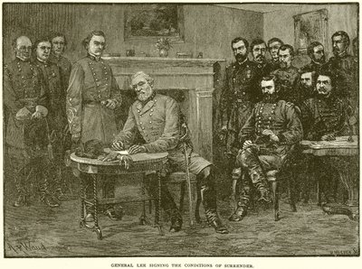 General Lee underskriver betingelserne for overgivelse af English School