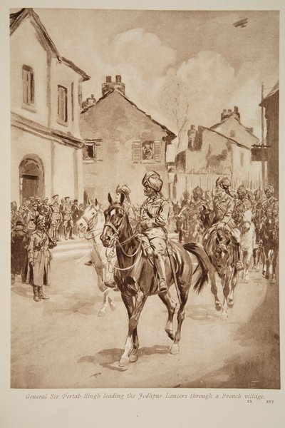 General Sir Pertab Singh leder Jodhpur Lancers gennem en fransk landsby, 1914-19 af English School