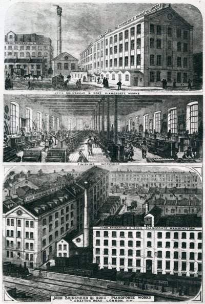 Generelt syn på John Brimsmead & Sons Pianoforte-værker, Grafton Road, Kentish Town, London (gravering) af English School
