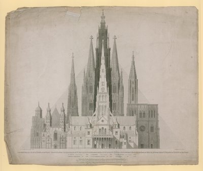 Geometriske forhøjninger af vestfronterne af katedraler i St. Pauls, London (før ilden) ... og Egyptens store pyramide i én skala af English School