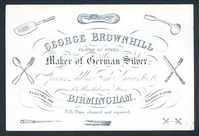 George Brownhill, fremstiller af tysk sølv, handelskort af English School