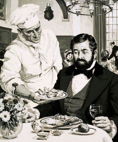 George Crum, opfinderen af kartoffelsprøden, præsenterer sin kreation af English School