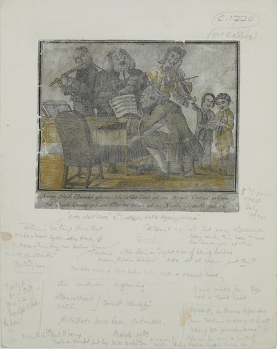 George Frideric Handel, Johann Sebastian Bach, Giuseppe Tartini, Johann Joachim Quantz, Christoph Gluck, Nicolo Jomelli, ca. 1750 (håndkoloreret gravering) af English School