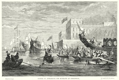 George IV på vej til Skotland ved Greenwich (gravering) af English School