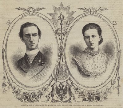 George I, konge af Grækenland, og hans dronning, storhertuginden Olga Constantinovna af Rusland (gravering) af English School