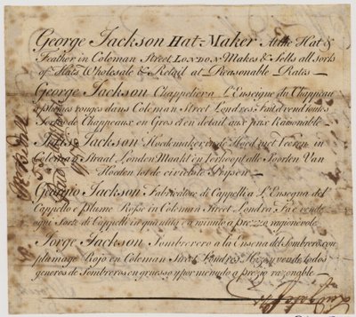 George Jackson, hattemager, Coleman Street, London af English School