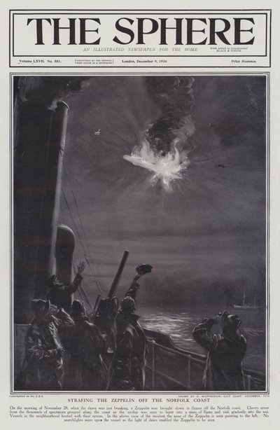 Tysk Zeppelin luftskib skudt ned i flammer ud for Norfolks kyst, Første Verdenskrig, 28. november 1916 (litho) af English School