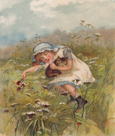 Pige og kat sover på en mark (chromolitho) af English School