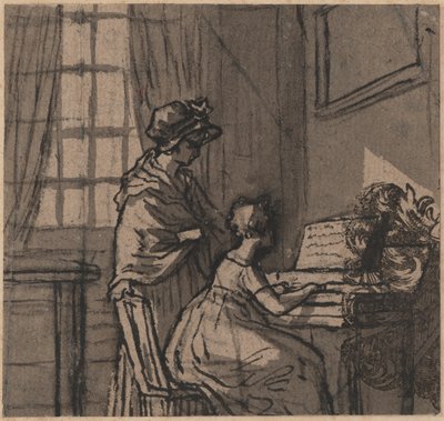 Pige ved en clavichord, ca. 1800 (pen & vask på papir) af English School