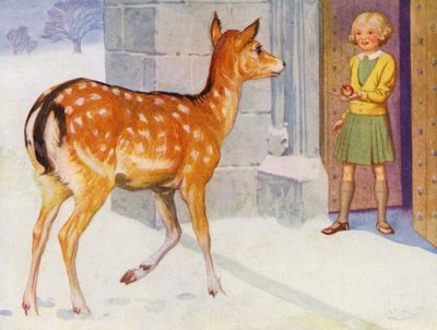 Pige fodrer en hjort i sneen (farve litho) af English School