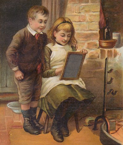 Pige hjælper sin bror med lektierne (chromolitho) af English School