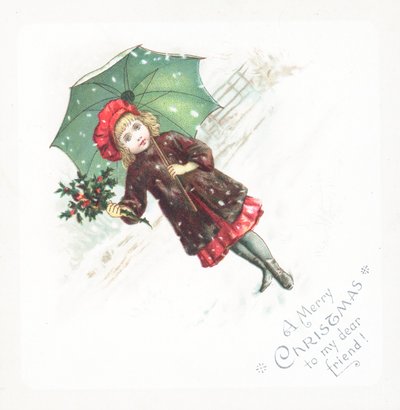Pige holder paraply og kristtorn i sneen, julekort af English School