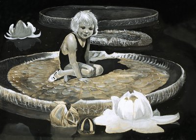 Mädchen auf einer Seerose so groß wie ein Boot von English School