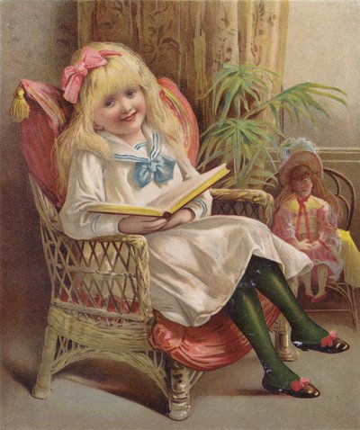 Pige læser i en stol (chromolitho) af English School