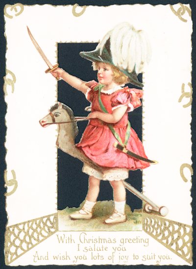 Pige rider på hobbyhest, julekort af English School