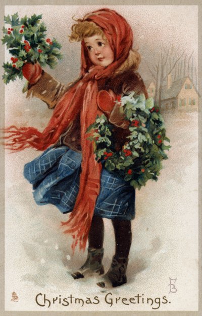 Pige, der sælger kristtorn og julekranse (chromolitho) af English School