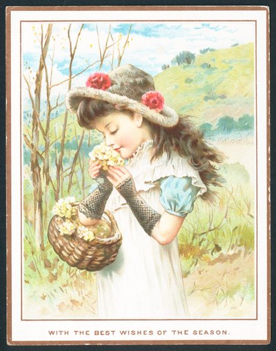 Pige dufter blomster fra kurv, julekort af English School