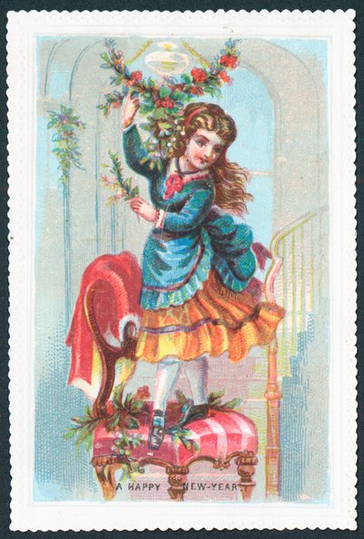 Pige stående på en stol, nytårskort af English School