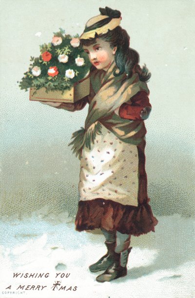 Pige, der går i sneen, bærer kasse med blomster, julekort af English School