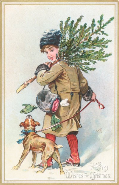 Pige med hund, der bærer juletræ, julekort af English School