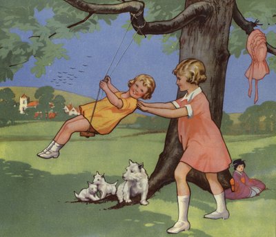 Piger leger på gynge i det engelske landskab (farve litho) af English School