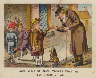 Giv almisse af sådanne ting, som du har, Lukas XI 41 (farve litho) af English School
