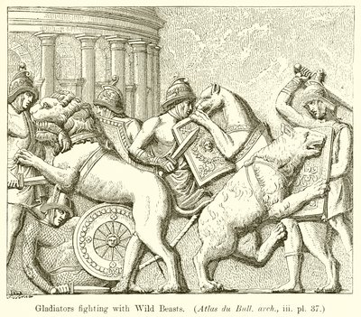 Gladiatorer, der kæmper med vilde dyr. (Atlas du Bull. arch., iii. pl. 37) af English School