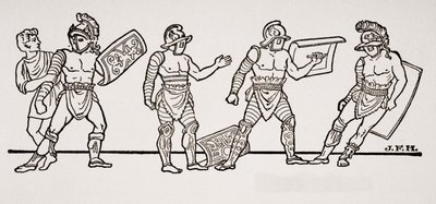 Gladiatorer, fra et vægmaleri i Pompeji, illustration fra The Outline of History af H.G. Wells, bind I, udgivet i 1820 af English School