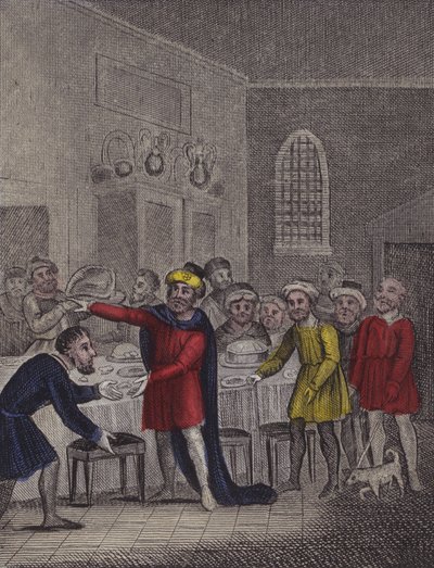 Gud laver et festmåltid og byder sine skabninger komme ... (farvet indgravering) af English School