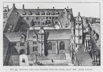 Gonville og Caius College, fra syd, omkring 1688, efter Loggan (gravering) af English School
