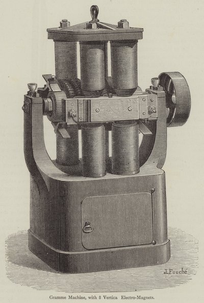 Gramme-maskine, med 8 vertikale elektromagneter (gravering) af English School
