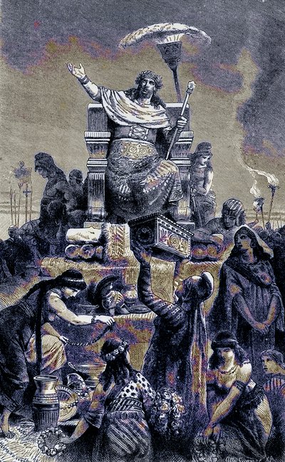 Græsk degeneration - Croesus på begravelsesbunken, illustration fra The Illustrated History of the World, udgivet ca. 1880 (digitalt forbedret billede) af English School