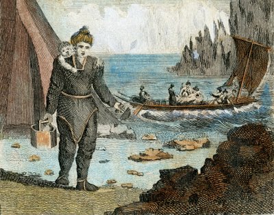 Grønlandsk kvinde og båd, ca. 1779 (kobberstik) af English School