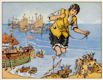 Gullivers rejser: Han erobrer flåden ved Blefuscu (farvelitografi) af English School