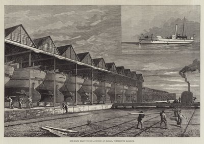 Gun-Boats klar til at blive søsat ved Haslar, Portsmouth Harbour (gravering) af English School