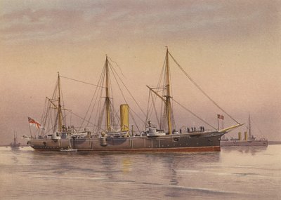 HMS Mohawk, krydser af 3. klasse (farvelitografi) af English School