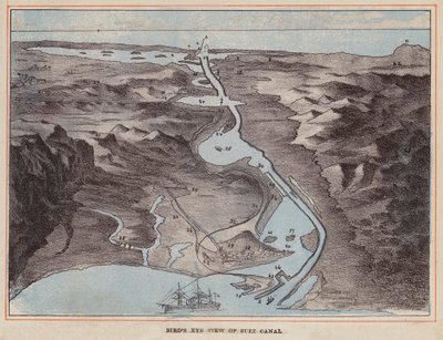 HM Indian Troop-Ship: Fugleperspektiv af Suezkanalen (koloreret stik) af English School