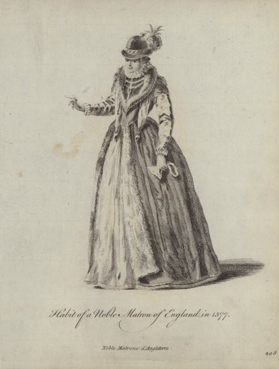 Kostüm einer englischen Edeldame im Jahr 1577 (Stich) von English School