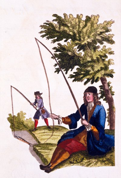 En gentlemans vaner - Fiskeri, 1690 (håndfarvet gravering) af English School