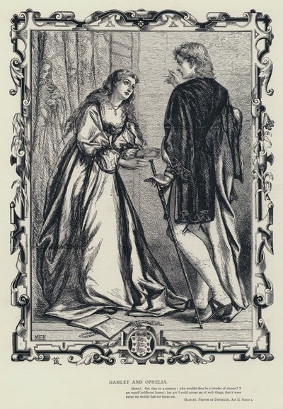 Hamlet og Ophelia, Hamlet, Prins af Danmark, Akt 3, Scene 1 (gravering) af English School