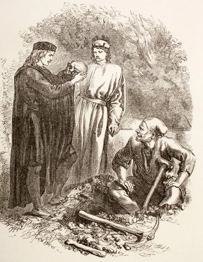 Hamlet holder kraniet af Yorick, illustration af Akt V, Scene I i Hamlet, fra 