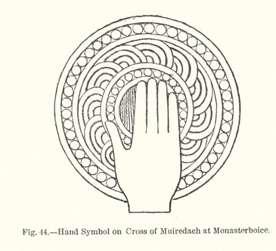 Håndsymbol på korset af Muiredach ved Monasterboice (gravering) af English School