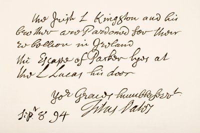 Håndskrift og underskrift af Titus Oates, 1694 af English School